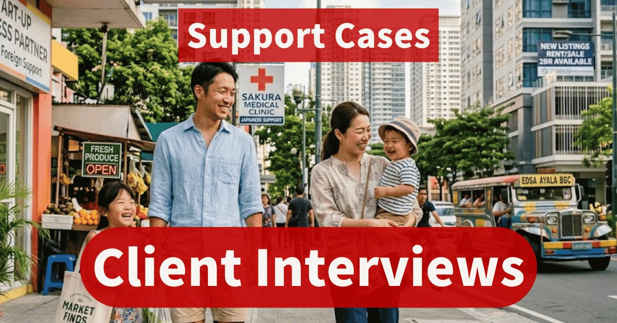 Support Cases — Client Interviews banner: a Japanese family walking through a street in Manila