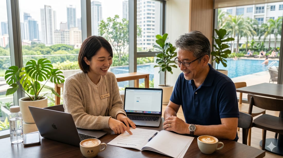 マニラのコンドミニアムで、日本人スタッフがノートパソコンと書類を前に、日本人男性の相談に応じている様子